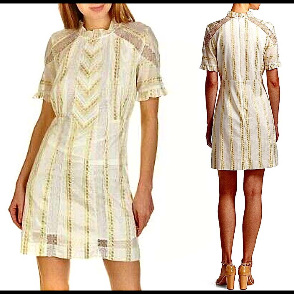 Sandro Mary Floral Embroidered Lace-inset Mini Dress In Ecru Size 40/6